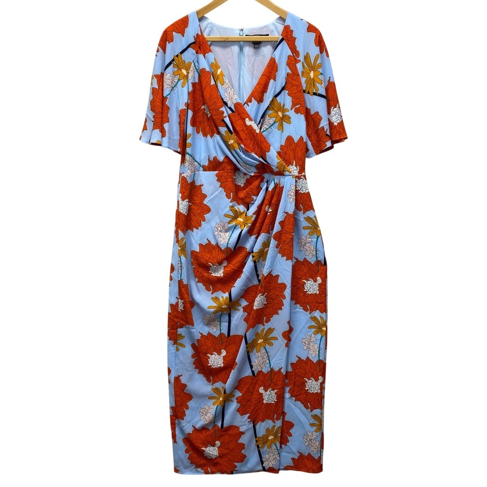 Maggy London Floral Faux Wrap Midi Dress Womens‎ 10 Blue Orange Flutter Sleeve